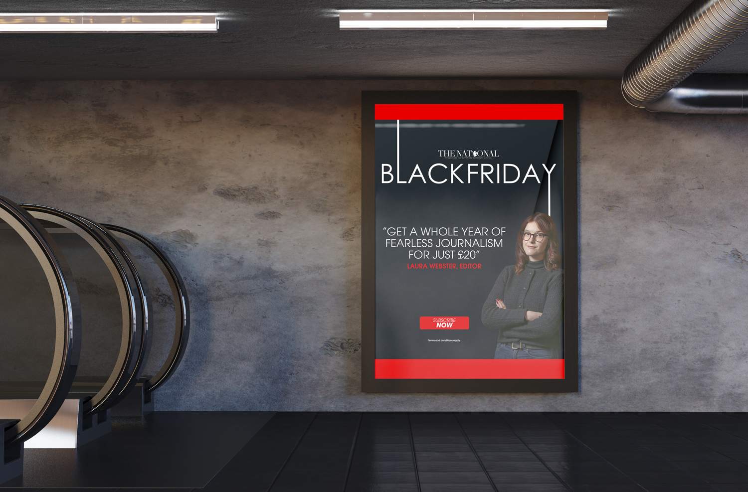 The National Black Friday poster beside an underground escalator
